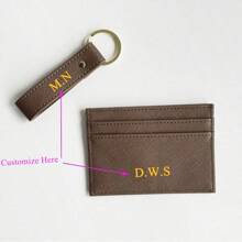 Customized Letters/Name 1 Set Solid Color Cross-Grain PU Leather Universal Ultra-Thin Credit Card Holder Keychain Gift Set Christmas Gift, Birthday Gift, Personalized Wallet, Car Keychain Set Valentine's Day Gift, New Year's Gift - Khaki - View 1