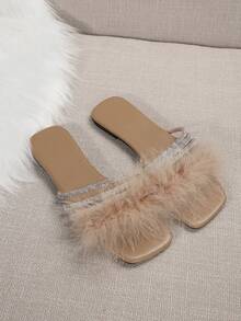 彩色水钻蝴蝶结两穿女士拖鞋，法式时尚银色户外凉鞋适合约会、购物、聚会、派对、通勤、家居和休闲装，夏季/秋季 - 杏色 - 查看 6