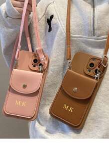 1pc Customized Leather Card Holder With Detachable Strap & Phone Case, Personalized Letter Name, Solid Color Retro Premium Couple Phone Case, Portable Crossbody Phone Wallet Card Holder,Season Picks,Cell Phones & Accessories,Customized Phone Cases,Cute Phone Cases, Personalized Wallet - Brown - View 6