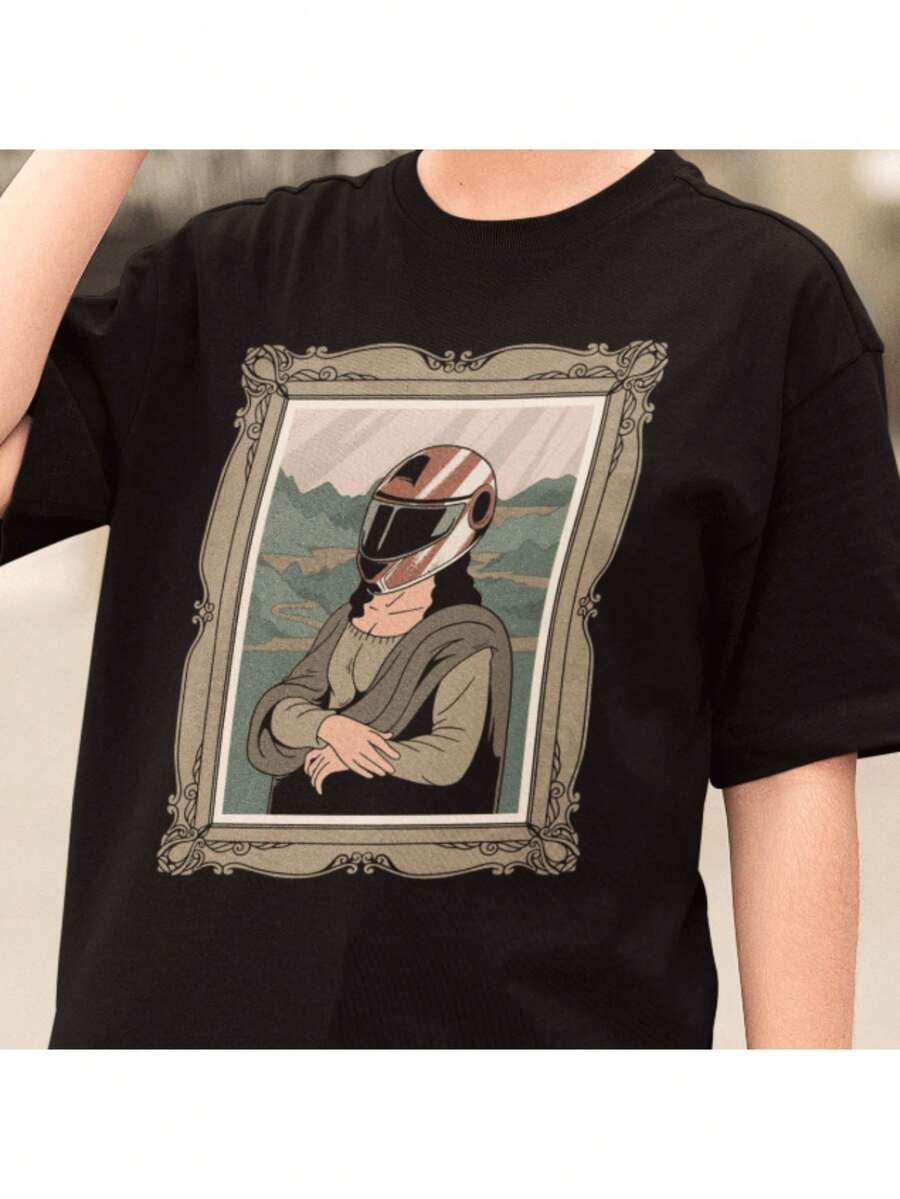 Mona Lisa Meme Motorcycle Helmet T-Shirt Unisex Adult And Children Unisex T-Shirt Male Female 100% Cotton Premium Top Streetwear New Release Fast Shipping Various Colors!! Plus Size - 黑色 - 查看 1