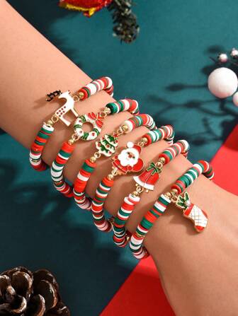 6 件套驯鹿、圣诞老人、圣诞树软陶瓷装饰手链、圣诞礼物