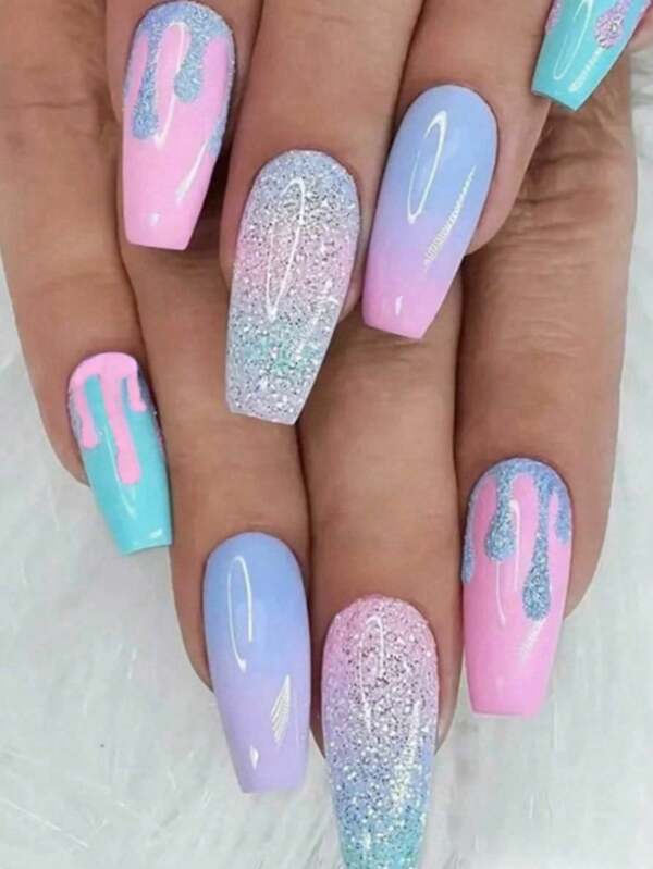 24Pcs Sweet Flash Girl Macaron Color Gradient False Nails Manicure Flow Heart Cute Wear Nails With Jelly Glue And Nail File Suitable For Women Women Wear Press On Nails Nail Supplies Nails