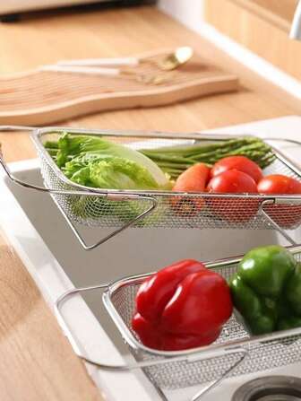 Stainless Steel Sink Drain Basket, Expandable Fruit Vegetable Washing Bowl Filter Net, Household Organizer Rack