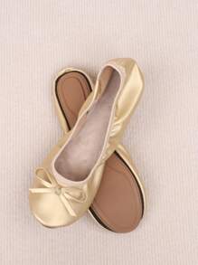 Bailarinas elegantes y a la moda de oro con lazo, livianas y cómodas para mujeres - Dorado - Ver 1