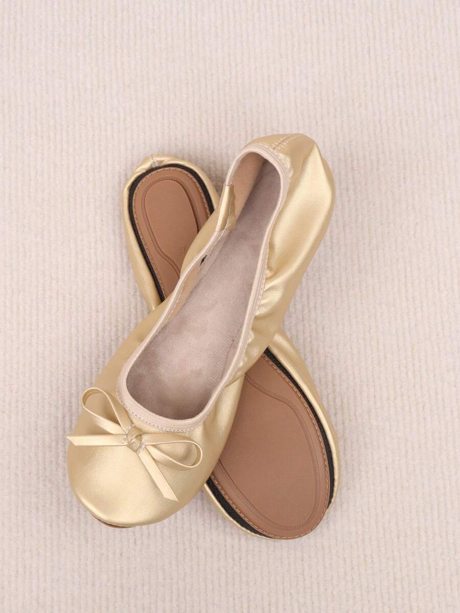 Bailarinas elegantes y a la moda de oro con lazo, livianas y cómodas para mujeres - Dorado - Ver 1