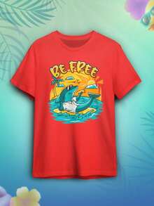 Free Summer Unisex Shark Print T-Shirt - 紅色 - 查看 2