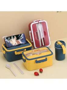 Microwave Safe Lunch Box With Kettle And Stainless Steel Fork And Spoon - Yellow - View 2