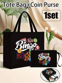 Bingo Night Women's Tote Bag And Wallet Set, Fabric Structure, Hand Washable, Unclosed, Lined, Casual Shoulder Back, Vacation Style Letter Design Tote Bags