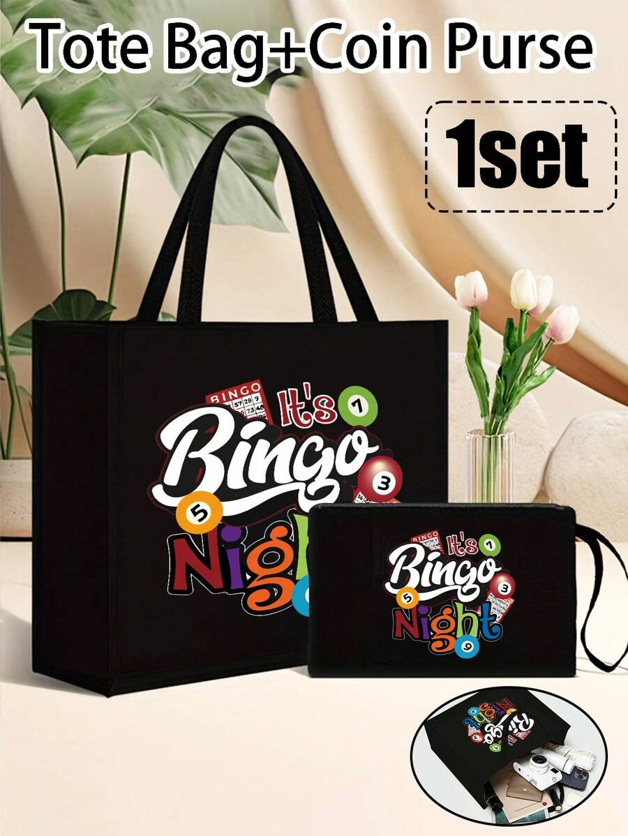 Bingo Night Women's Tote Bag And Wallet Set, Fabric Structure, Hand Washable, Unclosed, Lined, Casual Shoulder Back, Vacation Style Letter Design Tote Bags