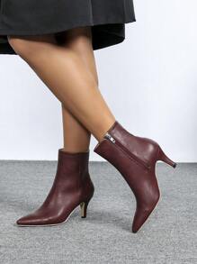 2025 秋冬女款新款百搭保暖性感优雅尖头踝靴和高跟短靴，搭配毛衣裙 - 酒紅色 - 查看 5