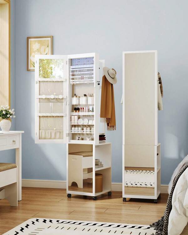 Schmuckschrank, Spiegelschrank, stehender Schmuck-Organizer mit 1 Kleiderständer, 3-stufige Ablageflächen mit 4 Kleiderhaken, Weiß