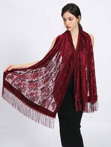 Khăn choàng cổ nhung đỏ ren Paisley Anekalurabrand Red Date, Khăn choàng dự tiệc thời trang thủ công tua rua, Khăn choàng in họa tiết Paisley trong suốt bằng nhung - Màu Đỏ Sâu - Xem 5