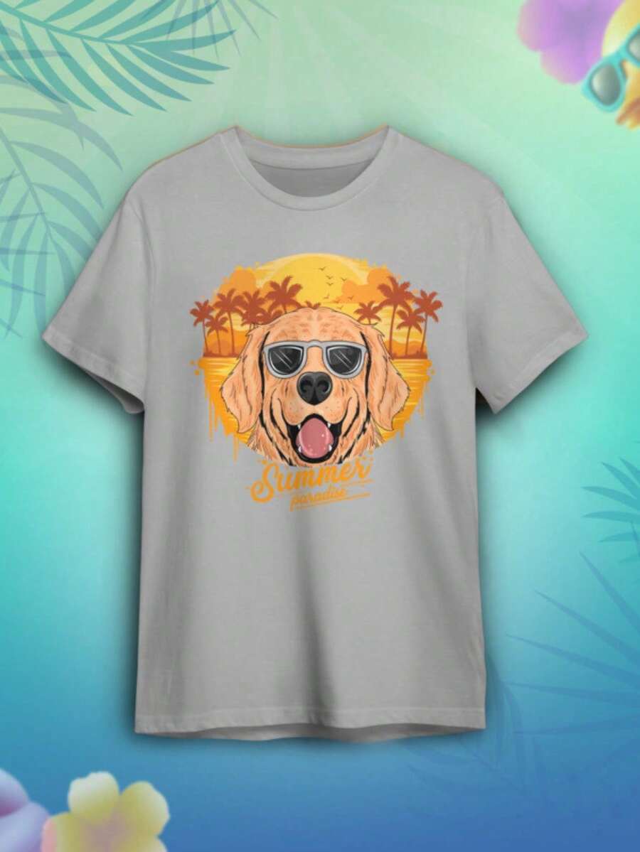 Unisex Summer Dog Print T-Shirt - Xám - Xem 1