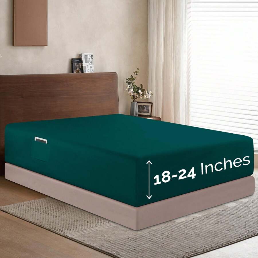 Elegant Comfort Luxury 1pc Extra Deep 18-24 Inch Deep Pocket Fitted Sheet - All Around Elastic Bedding Mattress Covers With Deep Pocket Up To 24 Inch And Double Sided Storage Pockets, Ultra Soft Machine Washable Luxury 1-Piece Bed Fitted Sheet - Fade And Wrinkle Resistant Premium Hotel Quality Twin/Full/Queen/King/Cal King Fitted Sheet, Christmas Decorations Gifts, Cozy Winter Styles, Moody Shades - 海洋青色 - 查看 1