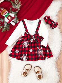 2 件装女婴雪花格子 2 合 1 连衣裙和头带套装，适合圣诞节、秋冬季的校园/派对风格 - 彩色 - 查看 1