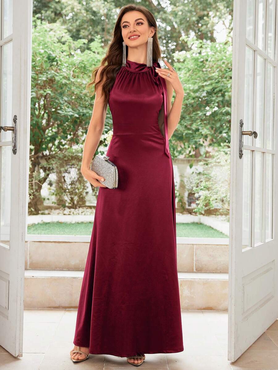 MUXXN Đầm cocktail bằng satin không tay kiểu cổ điển thập niên 1950, đầm dự tiệc cưới, đầm dạ hội, đầm maxi. - Màu Đỏ Sâu - Xem 1