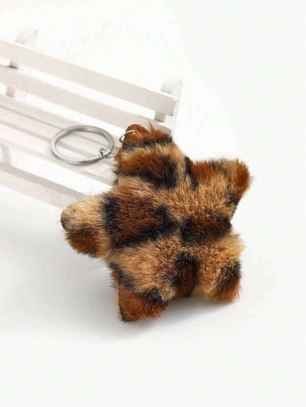 New 1pc DIY Handmade Cute Leopard Plush Star Keychain, Fluffy Five-Pointed Star Creative Keyring For Bag Decor, Couples Keychain, Holiday Gifts, Party Favors Car Accessories Bag Charm School