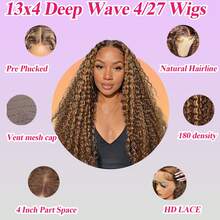 Highlight Ombre HD Transparent 13x4 Lace Front Wigs Human Hair 180% Density Honey Blonde 4/27 Deep Wave Lace Front Wigs Frontal Curly Wig Pre Plucked With Baby Hair