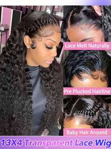 26 英寸水波蕾丝前假发 13x4 蕾丝前假发 人发预拔 150% 密度深卷人发假发 湿发和波浪无胶假发 人发巴西蕾丝前假发 - Natural Black - 查看 2