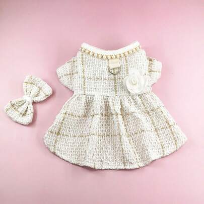1 Set Faux Pearl Collar Thickened White Solid Color Christmas Gift Santa Claus Thermal Lined Warm Dress, Peter Pan Collar Lace Autumn/Winter Pet Dress
