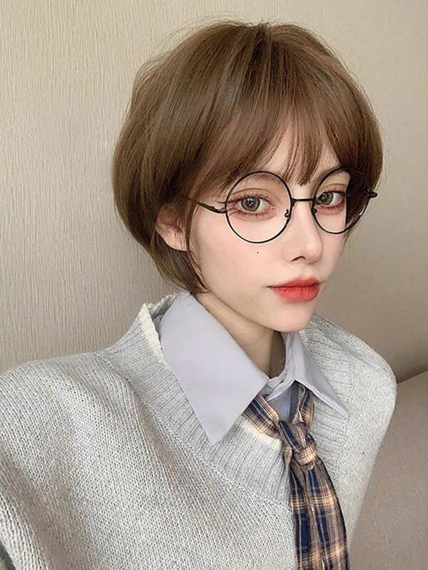 12 Inch Brown Short Wigs With Bangs Natural Look For Fashion Women Cosplay Party Heat Resistant Wig