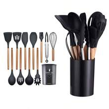 12件套硅胶厨房用具套装带木柄烹饪铲勺七色不粘锅厨房工具储物桶硅胶木柄厨房用具12件套 - 黑色 - 查看 3