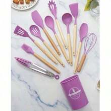 12件套硅胶厨房用具套装带木柄烹饪铲勺七色不粘锅厨房工具储物桶硅胶木柄厨房用具12件套 - 黑色 - 查看 5