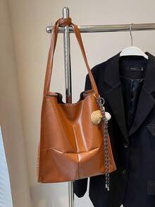 1 件纯色图案简约水桶单肩手提包购物袋吊坠包大容量手提包带零钱包，女士休闲日常通勤单肩包，钱包，秋冬热销女包。新款复古水桶包超大单肩斜挎包。时尚纯色通勤手提包，简约小众设计腋下包，时尚大容量单肩包 - 棕色 - 查看 10