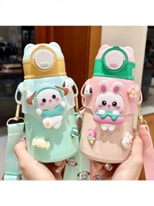 1 件/520ML（17.6 盎司）- 娃娃卡通水杯，可爱弹跳保温儿童水壶，带吸管杯，卡通动物肩瓶，一键防漏翻盖，四季保温儿童水瓶