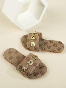 女童夏季新款手工搭扣亮面装饰圆头平底舒适可爱婴儿拖鞋，时尚百搭户外派对休闲沙滩凉鞋 - 卡其色 - 查看 5