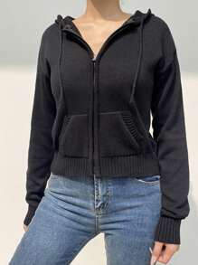 Womens Full Zip Knit Hoodies, Casual Solid Color Long Sleeve Drawstring Sweatshirts - Negro - Ver 3