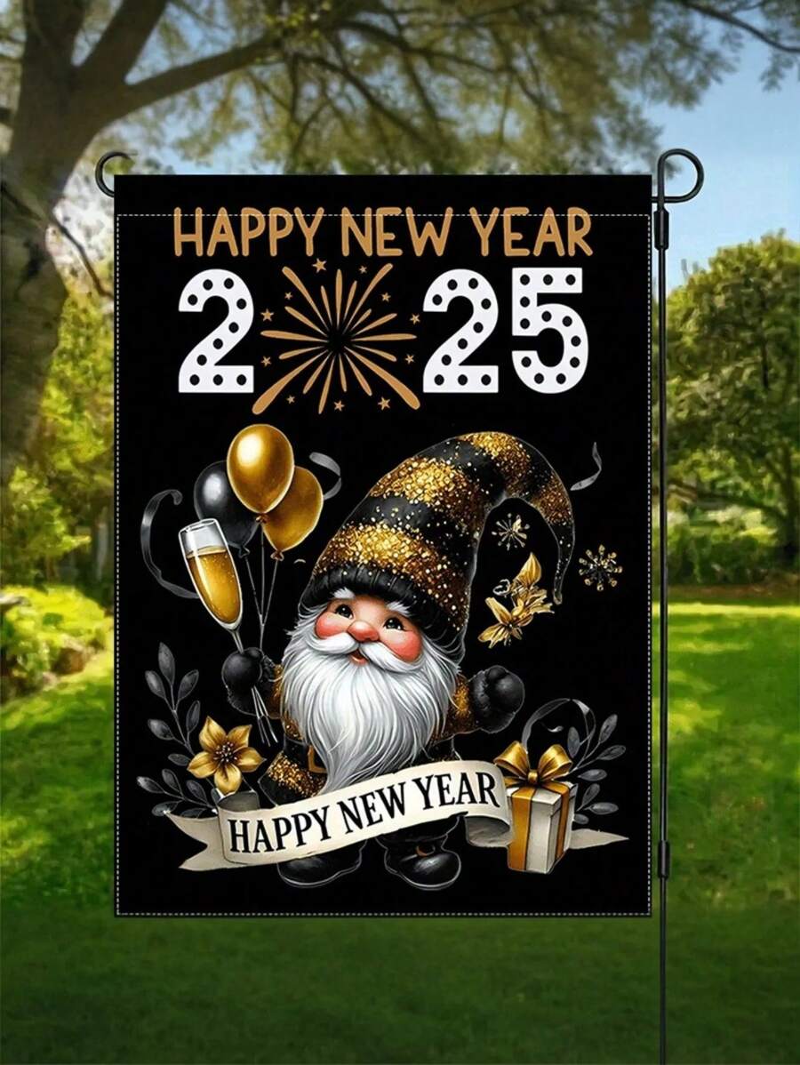 1 件 2025 新年快乐矮人花园旗帜 - 乡村风格双面防水亚麻户外装饰，防水，耐用，可机洗，12x18 英寸，适用于新年户外装饰、新年派对装饰、冬季节日装饰、冬季、派对、节日装饰、庭院、草坪、农舍、室内外装饰，不包括旗杆 - 彩色 - 查看 1