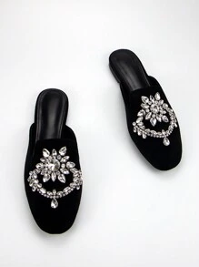 أحذية نسائية أنيقة مزينة بالزهور والراين على الجلد الأسود الأحذية المريحة ذات أصابع مربعة بدون كعب، مناسبة للارتداء اليومي وحفلات عيد الحب - الأسود - مشاهدة 1