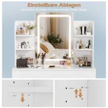 Dressing Table With LED Lighting, 3 Colors With Adjustable Brightness, Dressing Table With Mirror For Make-Up, Cosmetic Table With Adjustable Shelves, 2 Drawers, Modern, White