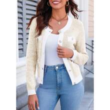 Women's Cropped Tweed Cardigan Long Sleeve Button Down Open Front Elegant Fall Knit Jacket - Apricot - View 4