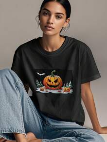 Women's Print Short Sleeve T-Shirt, Black & White Shirt, 180gsm Shirt, Crew Neck Short Sleeve T-Shirt, Breathable & Comfortable Casual Sports Fitness Tee, Casual Vintage Style, Suitable For Summer, Beach Holiday Crew Neck Short Sleeve Casual T-Shirt, Summer Tee