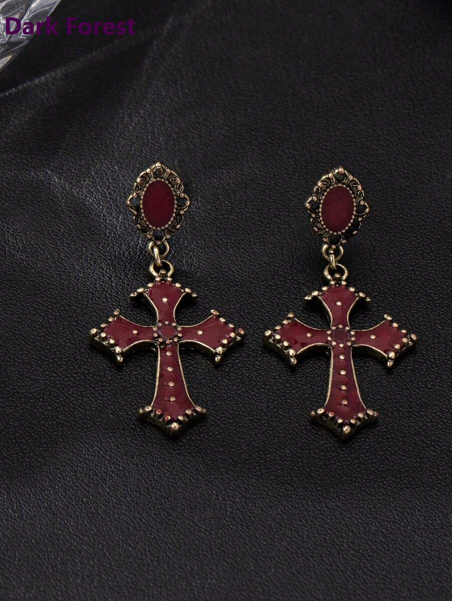 1 Pair Gothic Dark Forest Chic Black Enamel Cross Drop Earrings For Women, Suitable For Banquet, Party And Daily Wear - Red - View 1