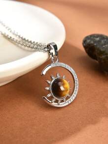 1pc Natural Crystal & Stone Crescent Moon Necklace For Women - Multicolor - View 7