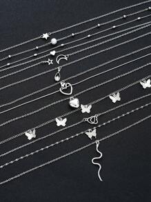 10 件/12 件/13 件套装简约心形、蝴蝶、蛇、星星、水滴和人造珍珠吊坠项链套装，适合女士，约会、度假、日常搭配礼物 - 彩色 - 查看 8