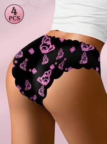 Sanrio 4 Peças/Pacote Calcinha Respirável e Confortável de Design Kuromi de Canela para Mulheres, Moda Íntima Diária