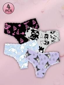 Sanrio 4 Peças/Pacote Calcinha Respirável e Confortável de Design Kuromi de Canela para Mulheres, Moda Íntima Diária