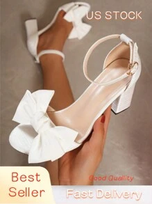 女士白色高跟凉鞋带蝴蝶结装饰，粗跟系带时尚夏季缎面高跟凉鞋，适合婚礼和派对 - 白色 - 查看 1