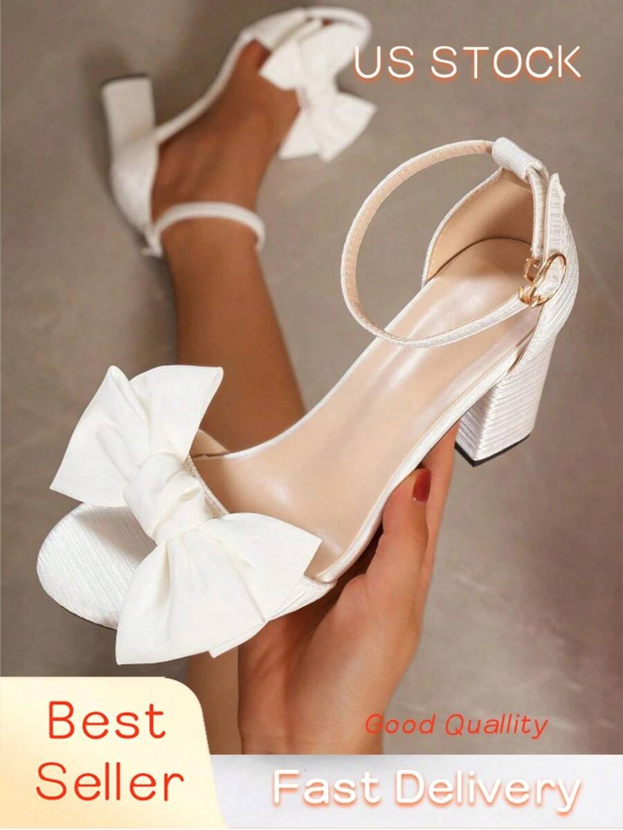 女士白色高跟凉鞋带蝴蝶结装饰，粗跟系带时尚夏季缎面高跟凉鞋，适合婚礼和派对 - 白色 - 查看 1