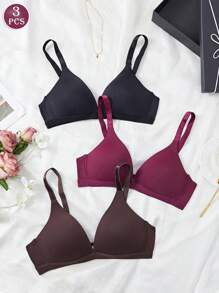 3pcs V-Neck Soft Cup Wireless Solid Color Bras For Women - Multicolor - View 3