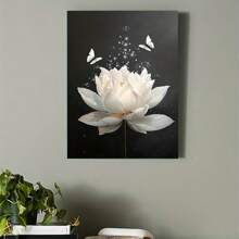 Wooden Framed Canvas Painting, White Floral Wall Art For Bathroom Flower And Butterfly On Black Canvas Wall Art Modern Framed Wall Art Yoga Spa Spiritual Wall Art Painting