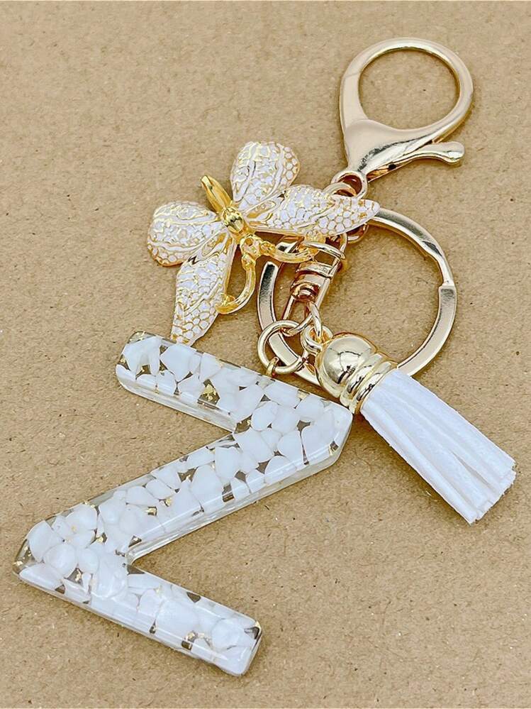 全新可爱配饰，1 件 DIY 手工白色树脂字母流苏蝴蝶和树钥匙扣，创意包包挂件，送给朋友的礼物汽车配件学校可爱哥特 Y2k - 白流蘇 - 查看 25