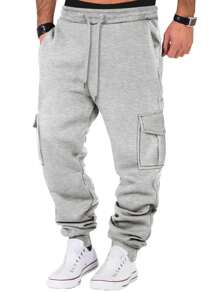 全新男士休闲运动健身户外跑步宽松多口袋抽绳保暖内衬工装裤，秋冬 - 淺灰色 - 查看 1