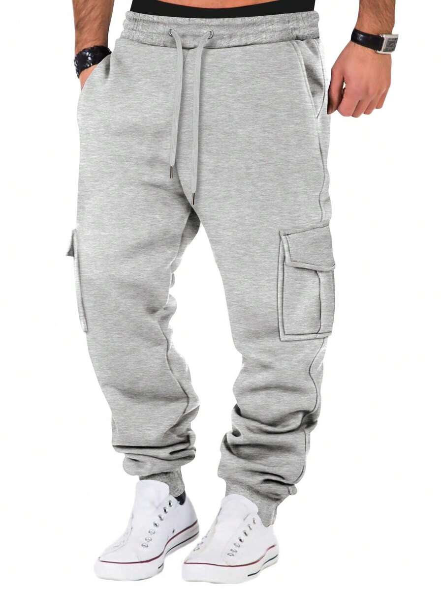 全新男士休闲运动健身户外跑步宽松多口袋抽绳保暖内衬工装裤，秋冬 - 淺灰色 - 查看 1