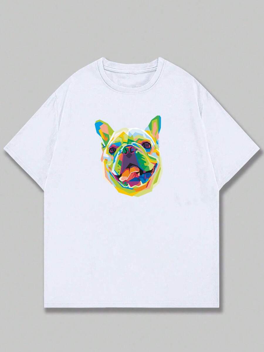 Printed T-Shirt Colorful Dog Design Men's Shirt Unisex Casual Comfort Premium Cotton Loose Versatile Sophisticated Modern Breathable Soft - 白色 - 查看 1
