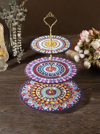 3-Tier Round Floral Diamond Painting Display Rack Cup Stand - DIY Decorative Paper Cup Stand, Suitable For Wedding, Birthday Party, Thanksgiving, Valentine's Day - Wooden Fiber Material Crafted Festive Decoration Display Rack